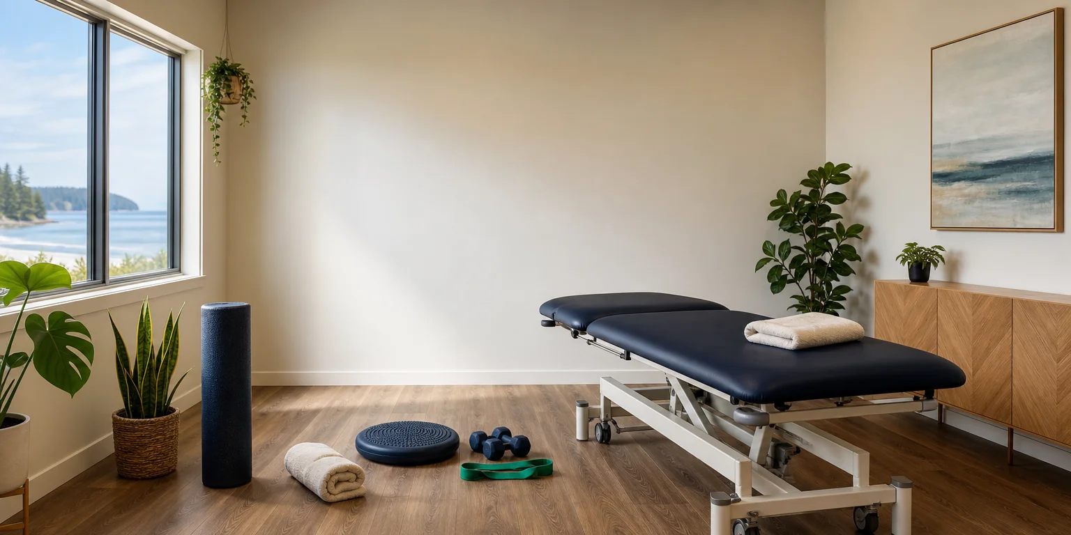 Calm physiotherapy treatment room with rehabilitation equipment for conditions treated at At Ease Physio