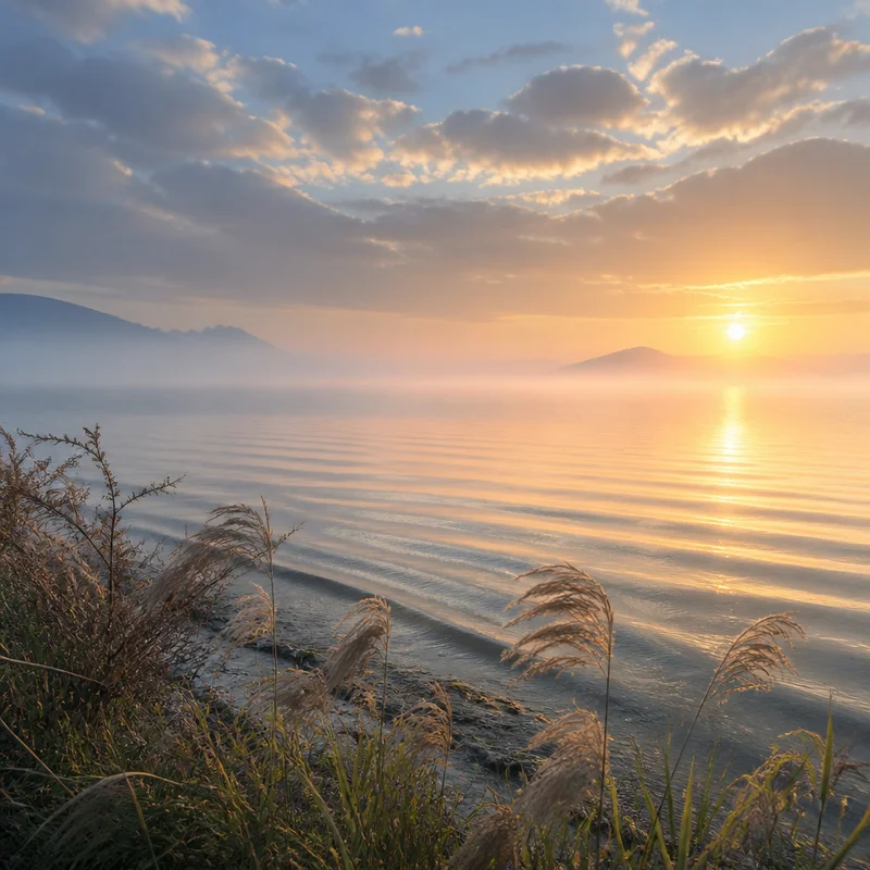 Misty shoreline with gentle waves symbolizing a slow supported exhale
